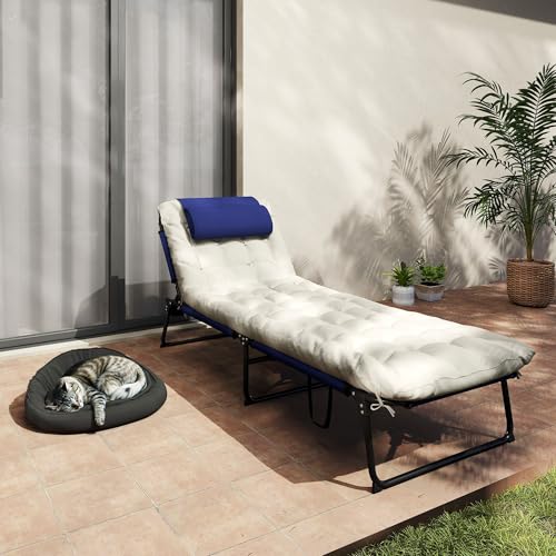 Folding Chaise Lounge with 4-Level Reclining Back, Cushion, Mesh Fabric, Side Pocket, Headrest, Gray F81423