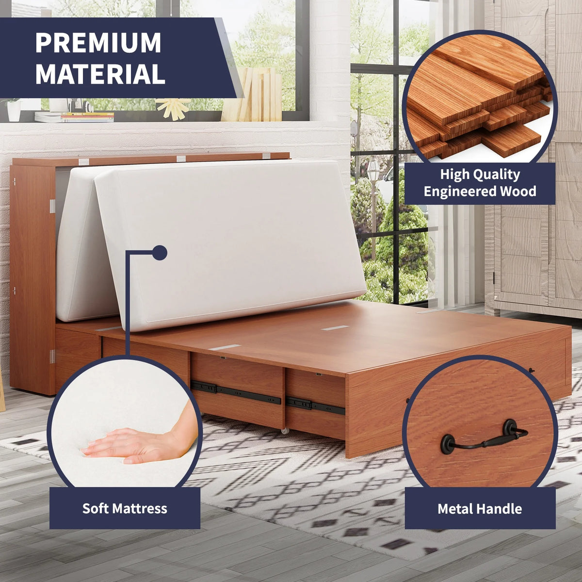 Queen Size Solid Wood Murphy Bed Cabinet with Storage Drawer and Charging Station A571
