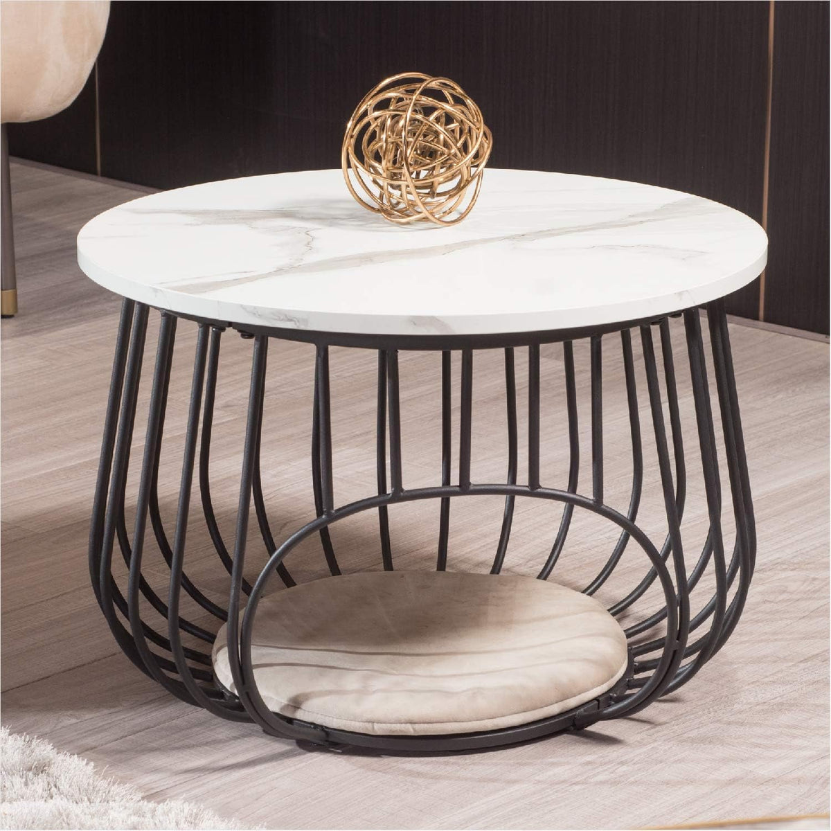 Gold Round Coffee Table Marble Texture White MDF Top S435