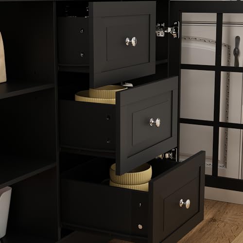 White Freestanding Wood Kitchen Pantry with Glass Doors, Drawers and Adjustable Shelves S874531