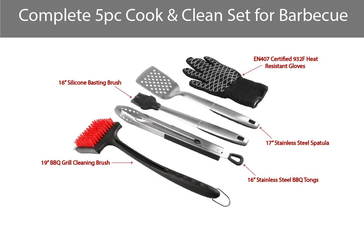 5 Pc BBQ Grill Set with Tongs Spatula Basting Brush Cleaning Brush and Heat Gloves N466509
