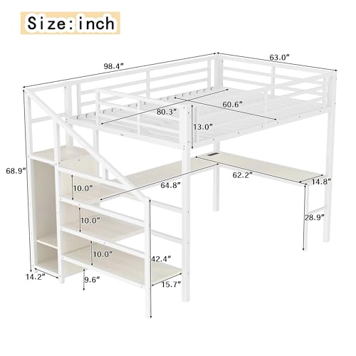 Queen Size White Wood Grain Metal Loft Bed with Desk and Wardrobe L40256