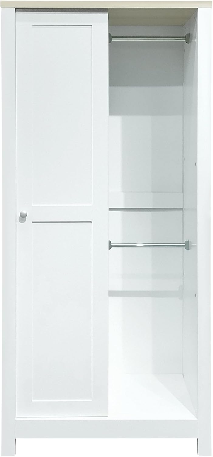 White Freestanding Wooden Armoire Wardrobe with 1 Sliding Door and 2 Drawers Y64544