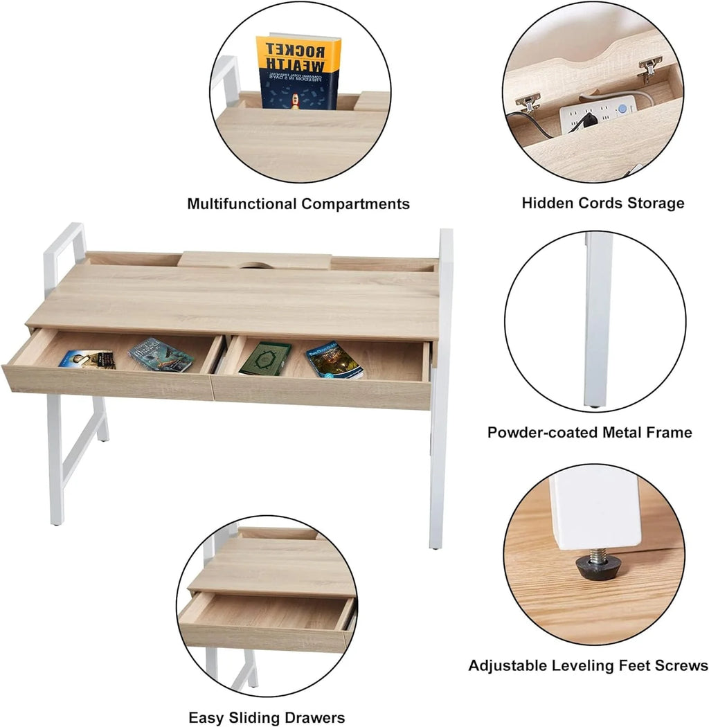 White Wood Computer Desk with Monitor Shelf and Drawers Y55489