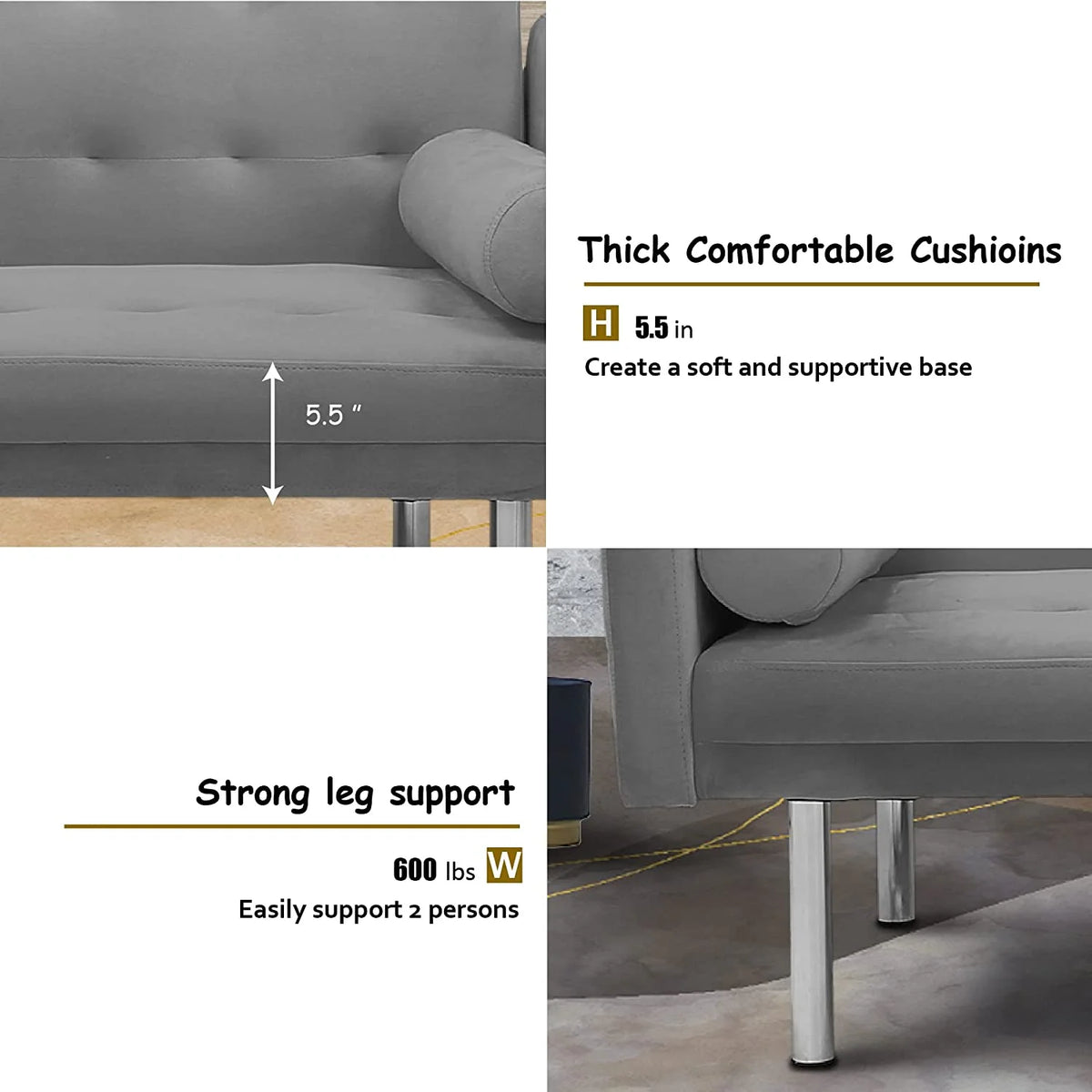 Square Arm Velvet Futon Sofa Bed, Convertible Sleeper Sofa with 2 Pillows, Twin Sleeper Size J73298