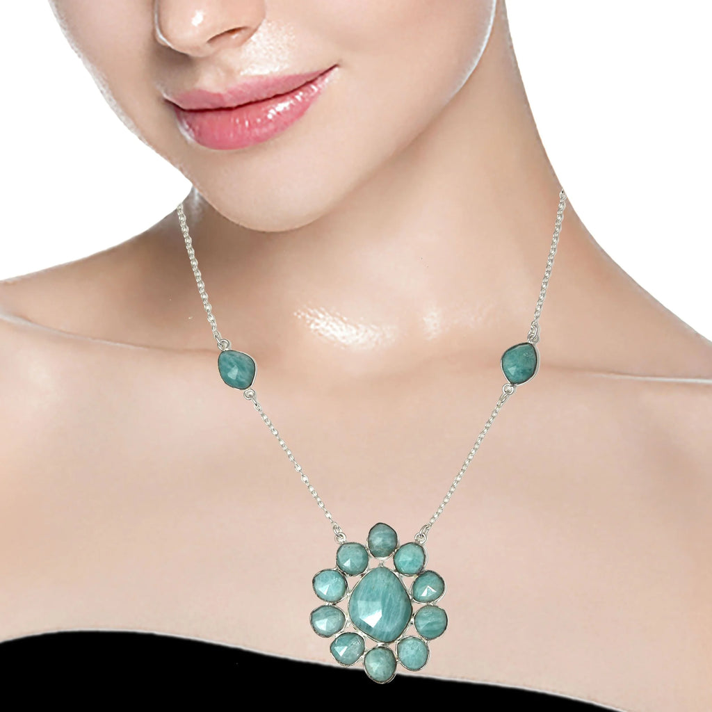 Antique 925 Silver Amazonite Gemstone Necklace 26'' Z5669