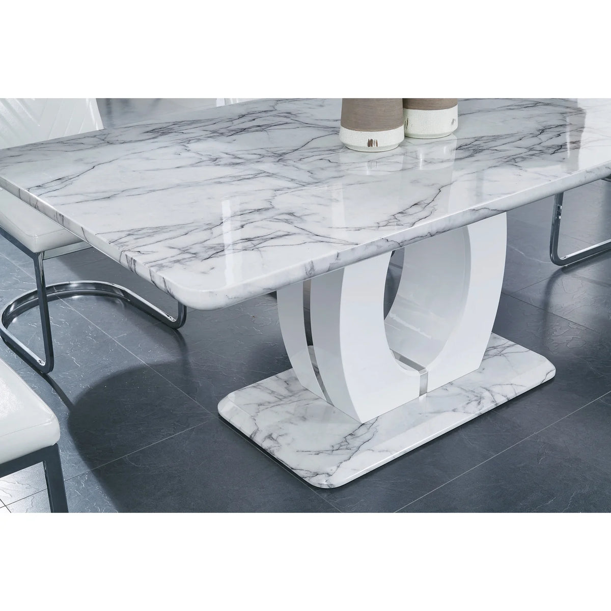 White Faux Marble Pedestal Base Dining Table Y686