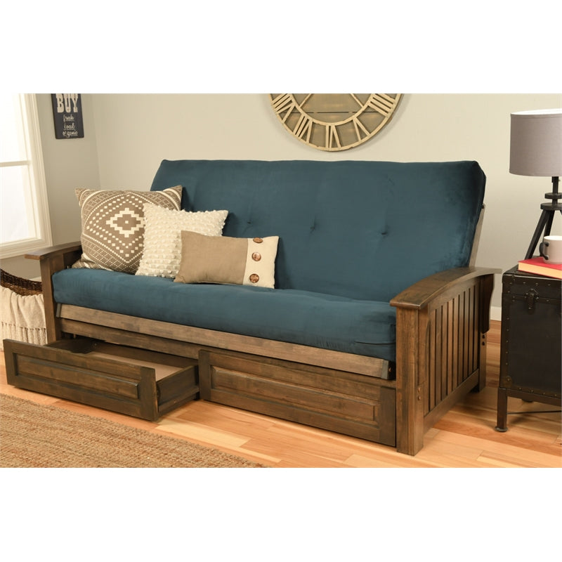 Walnut Futon with Drawers and Suede Blue Mattress K671358