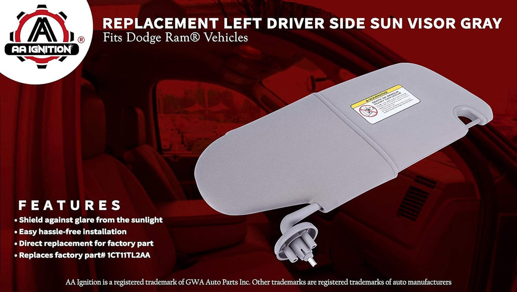 Left Driver Side Sun Visor Gray Pack of 2 K7815