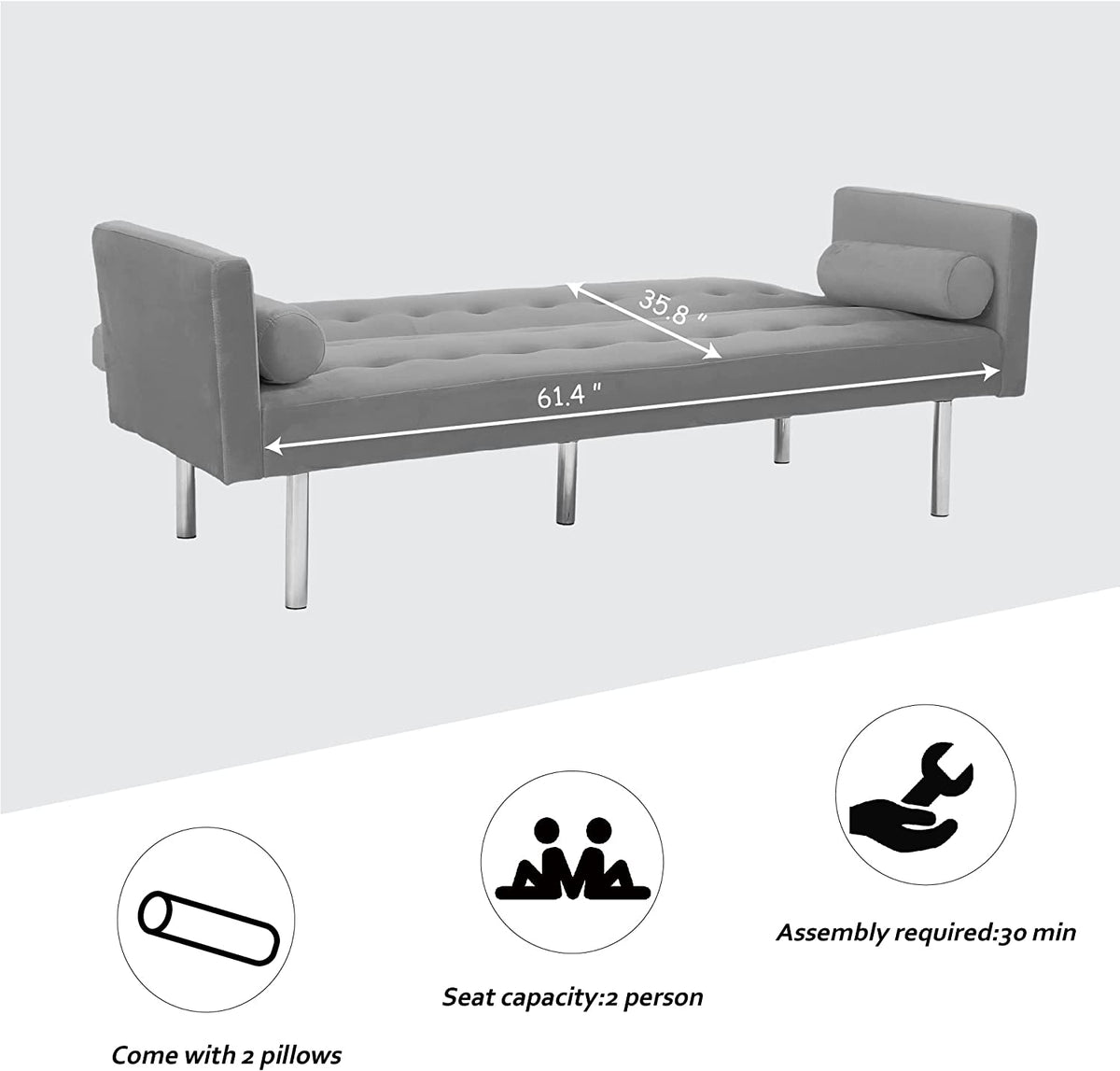 Square Arm Velvet Futon Sofa Bed, Convertible Sleeper Sofa with 2 Pillows, Twin Sleeper Size J73298