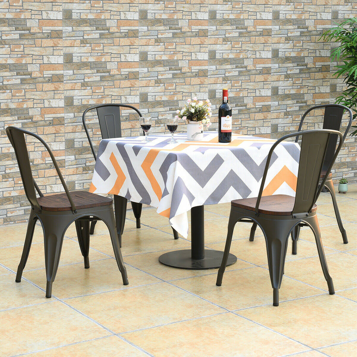 Set of 4 Metal Dining Chair Wood Seat Y2111