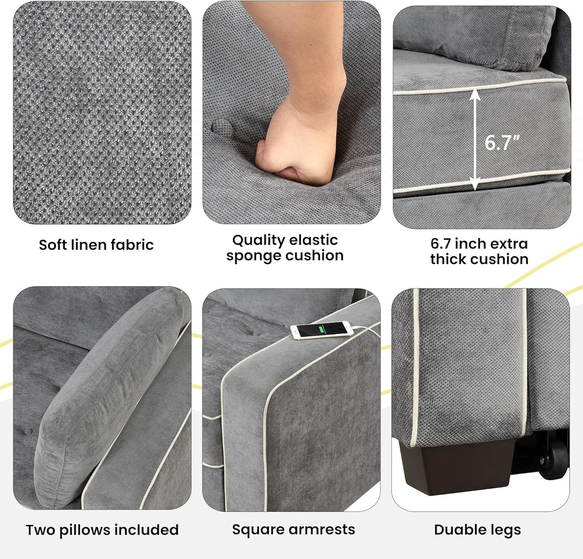 Linen Upholstered Convertible Sofa Bed with USB Charging Port K668
