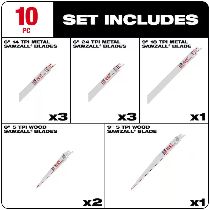 Wood and Metal Cutting Bi-Metal Reciprocating Saw Blade Set (10-Piece) L26984