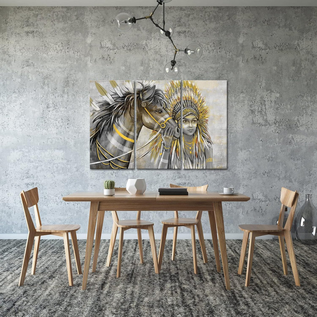 Set of 3 Canvas Painting Native American Women with Horse Feathers Headdress Poster Artwork Framed I8798