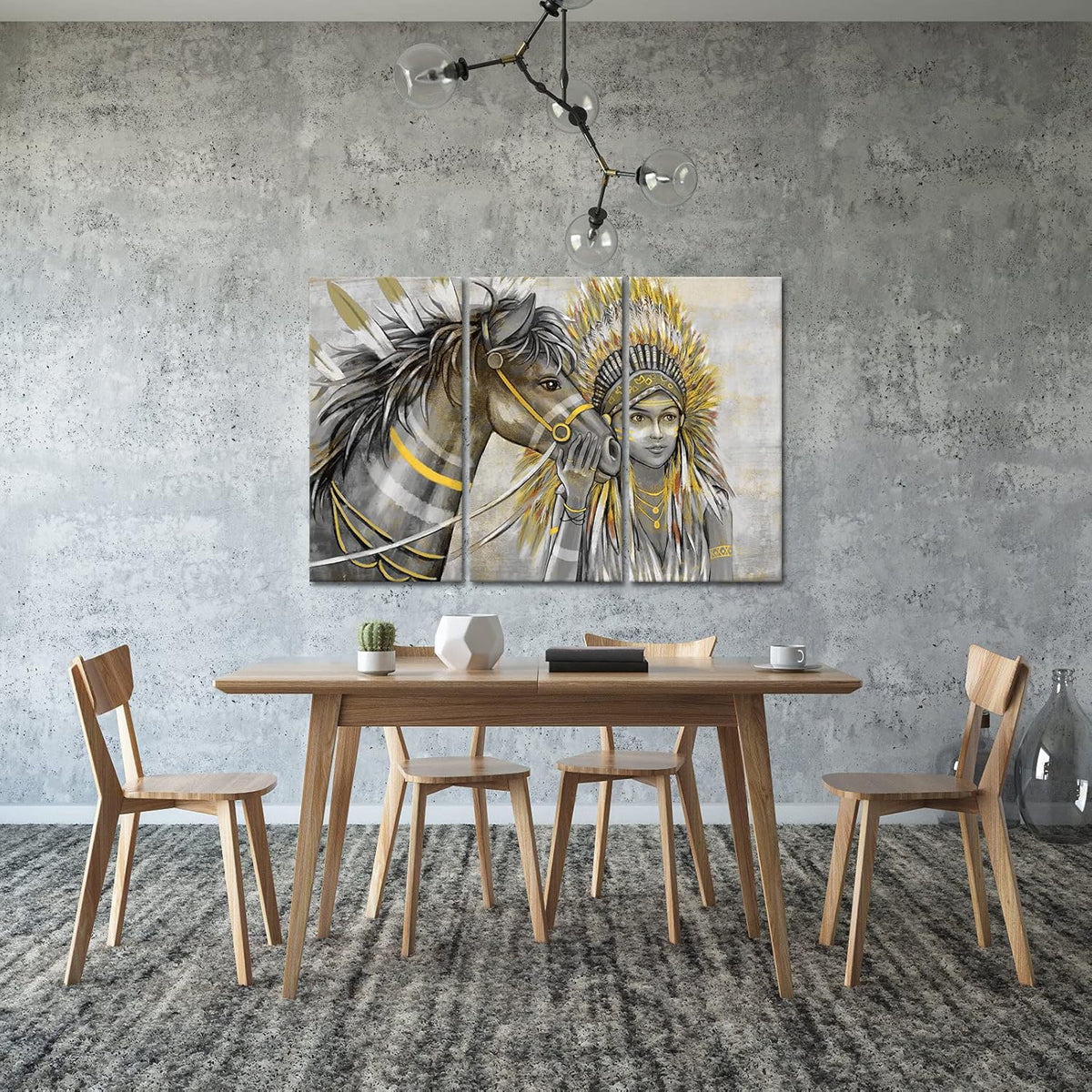 Set of 3 Canvas Painting Native American Women with Horse Feathers Headdress Poster Artwork Framed I8798