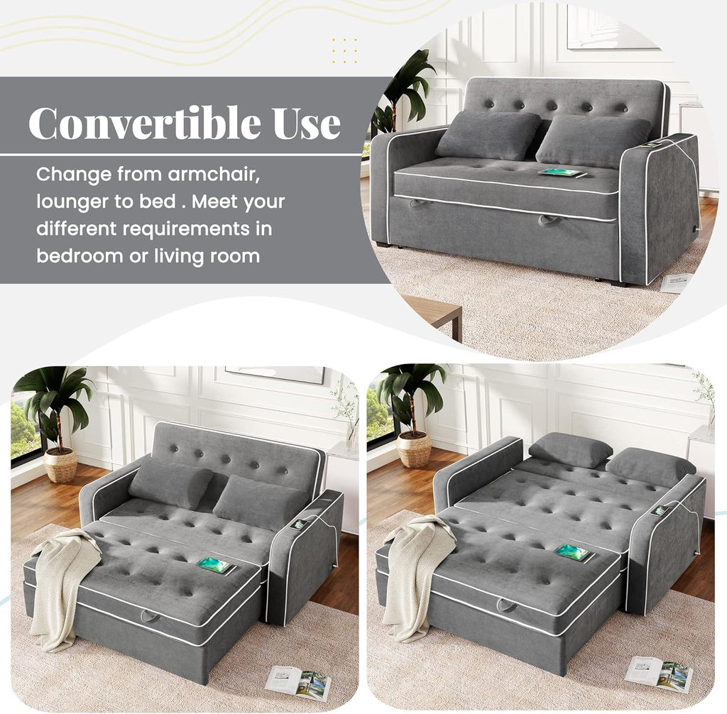 Linen Upholstered Convertible Sofa Bed with USB Charging Port K668