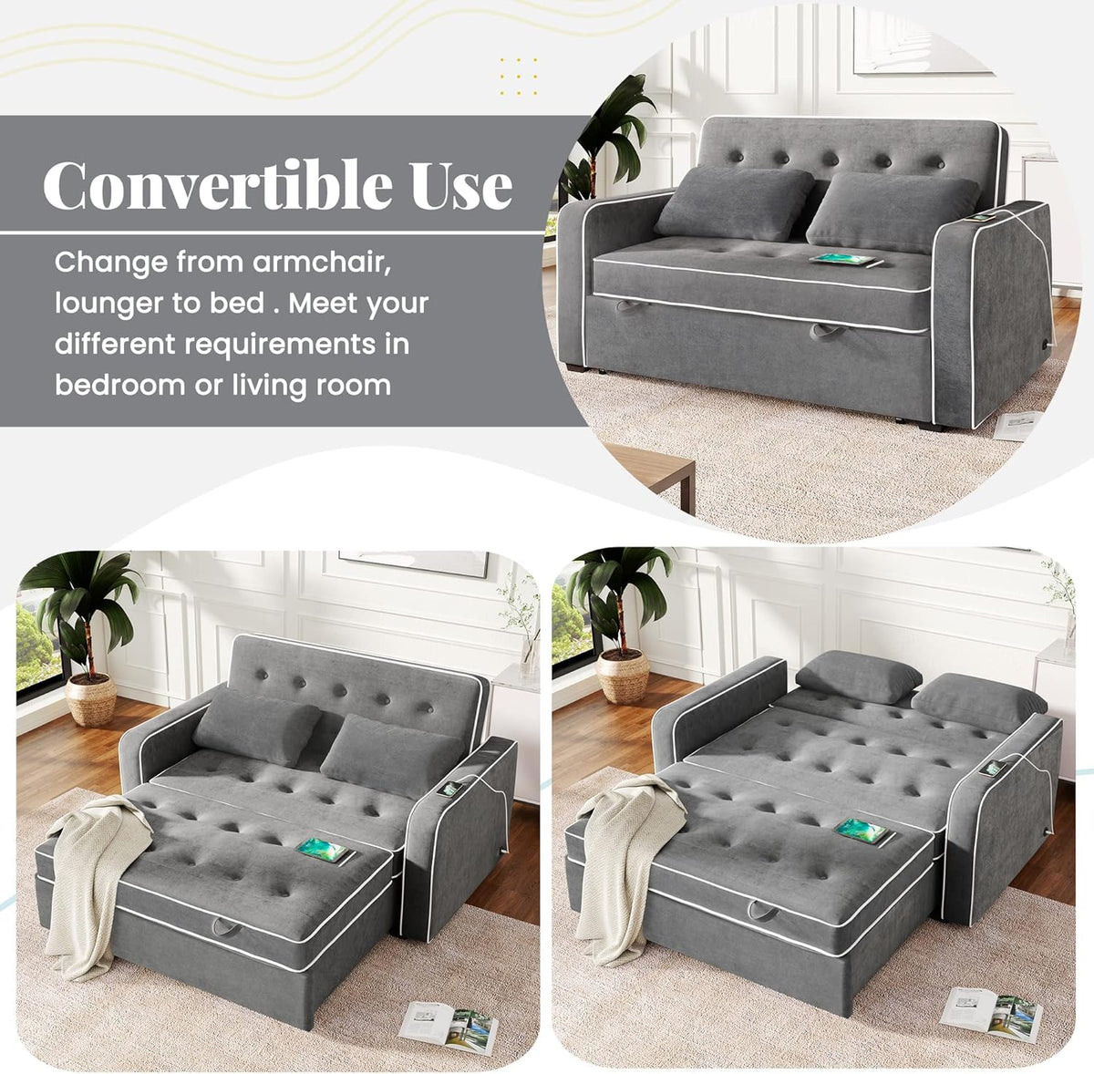Linen Upholstered Convertible Sofa Bed with USB Charging Port K668