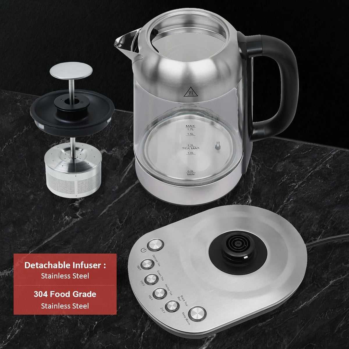 1.7L Borosilicate Glass Electric Kettle with Temperature Control E57007