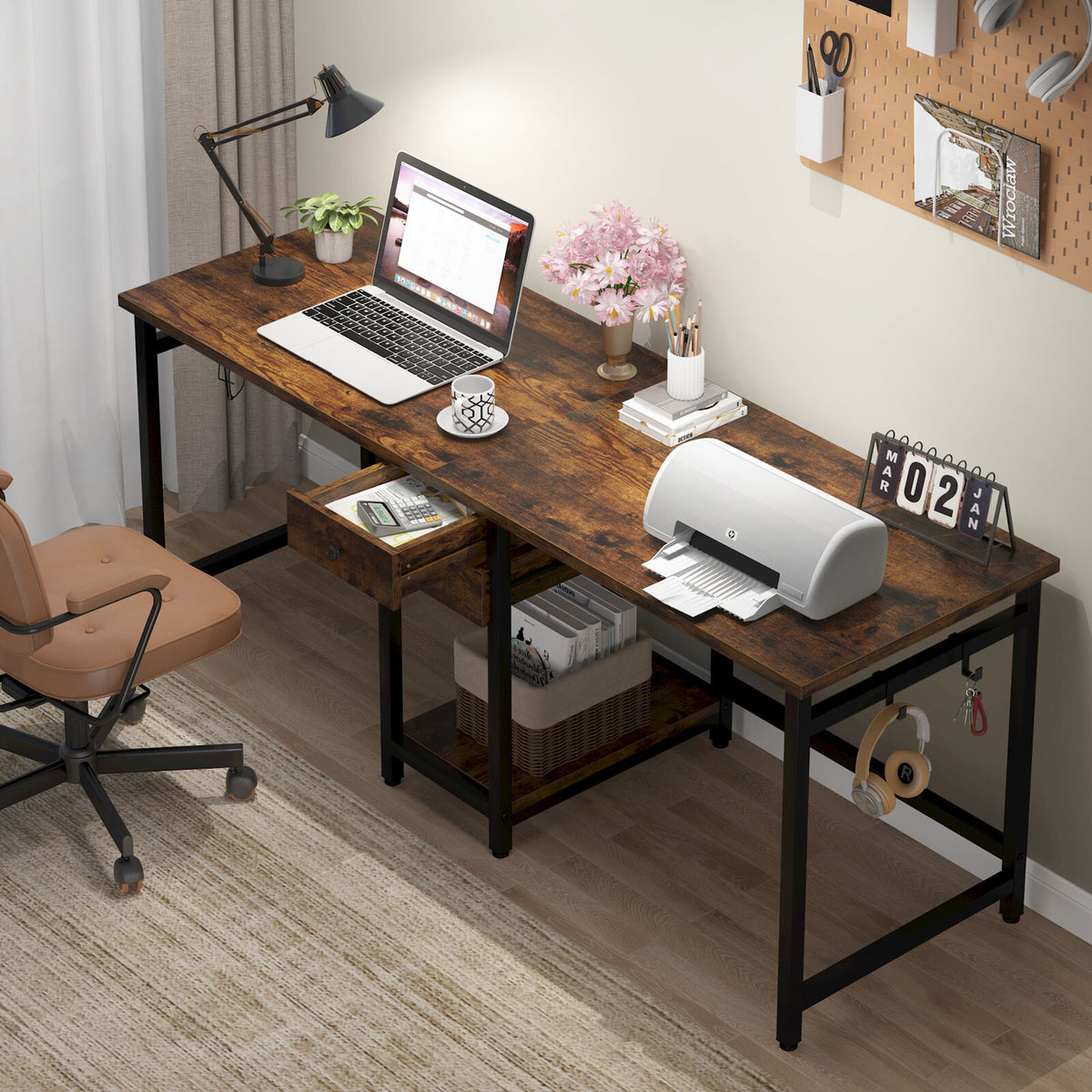 78 Inch Double Working Desk with 2 Drawers and Shelf J428109