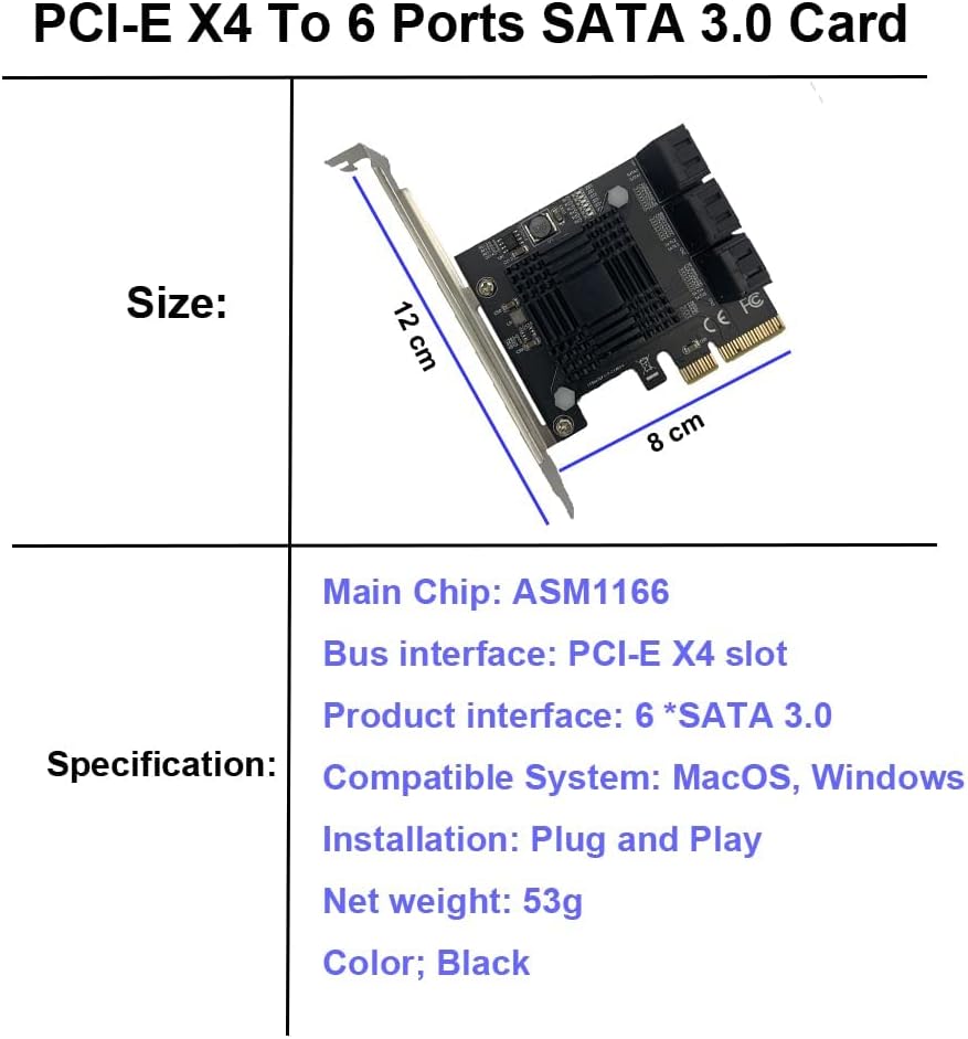 6 Ports PCIe x4 to SATA 3.0 6Gbps Expansion Controller Adapter Card with 6 SATA Cables and Low Profile Bracket, Pack of 2 Y6197