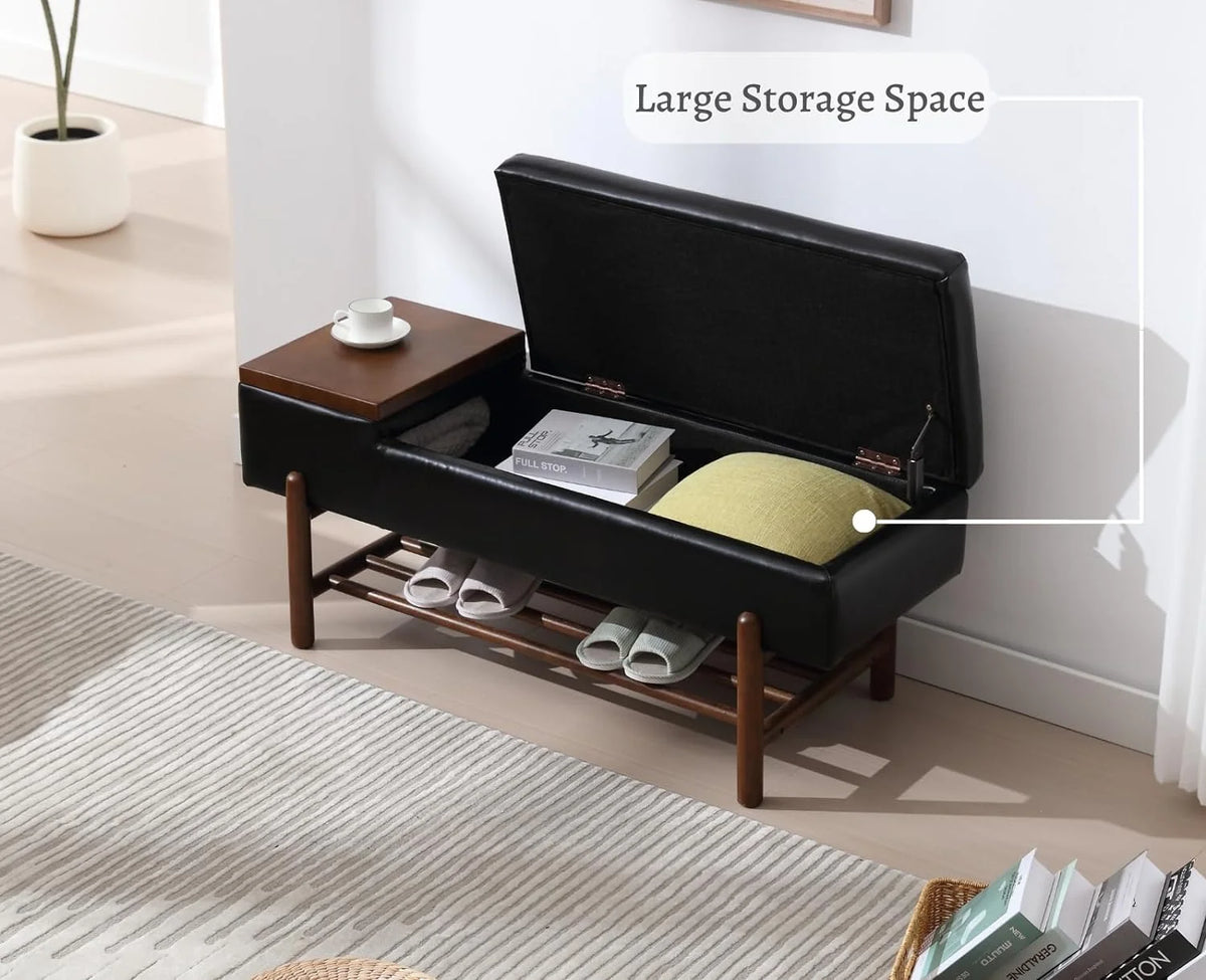 Black Leather Storage Bench with Shoe Rack W609