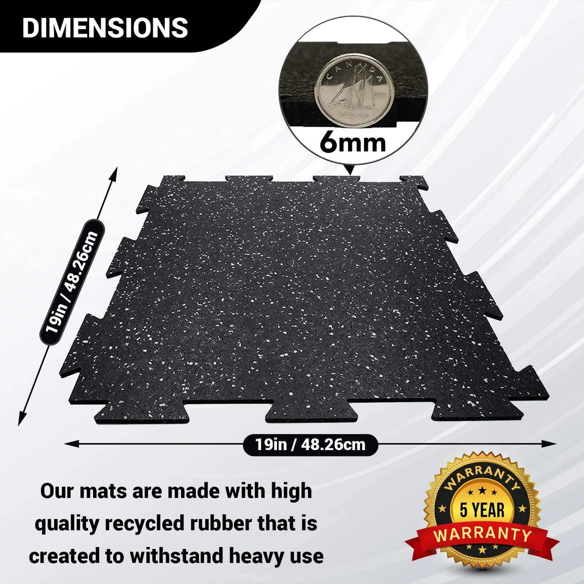 19 x 19 x 6mm Fitness Rubber Tiles, 23.5 SF, Grey, 10 Piece B154