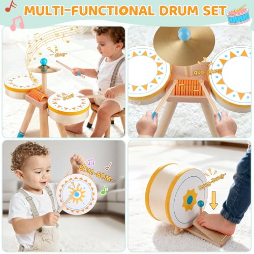 Wooden Kids Drum Kit with Cymbal, Pedal Bass Drum & 2 Drumsticks I3102