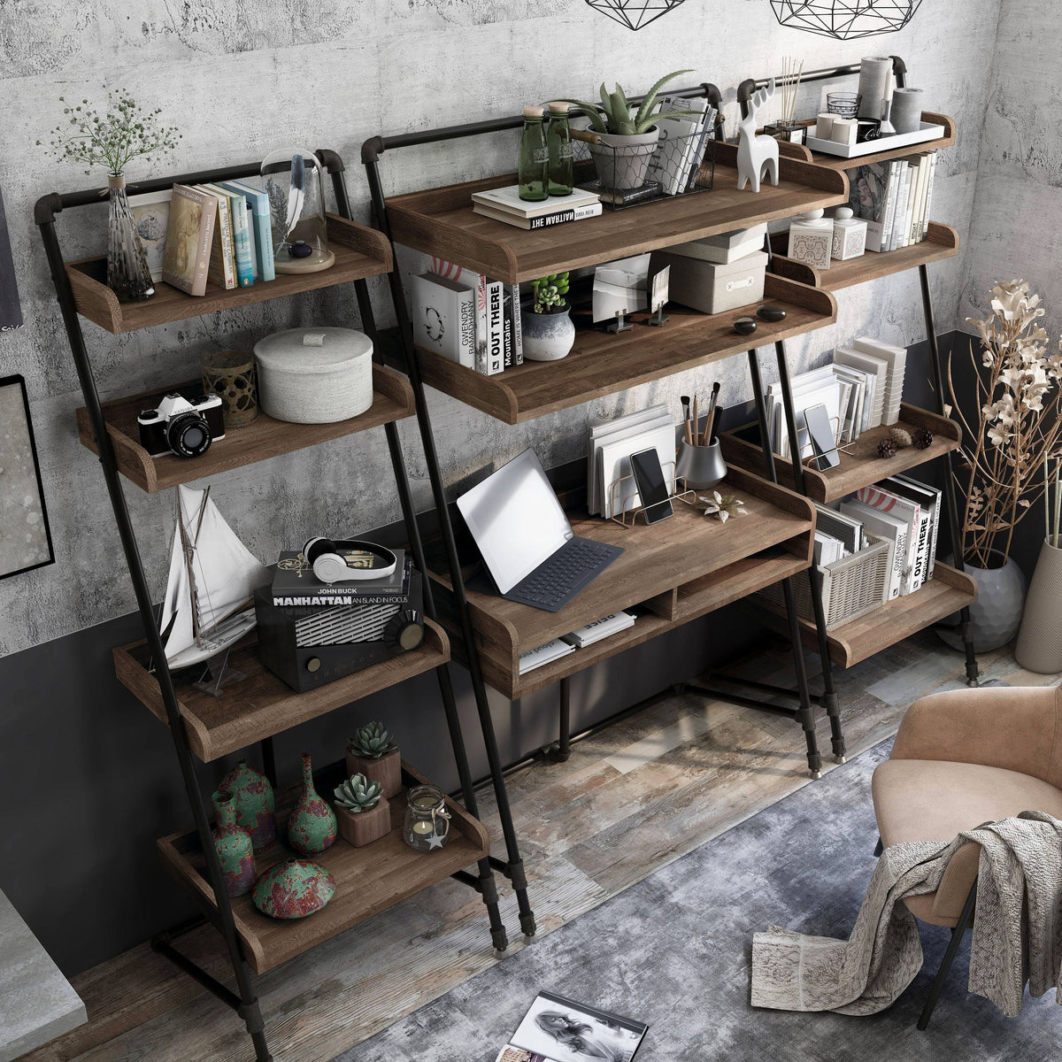 Vintage Grey Oak 3-Piece Desk and Display Shelf Set N62209