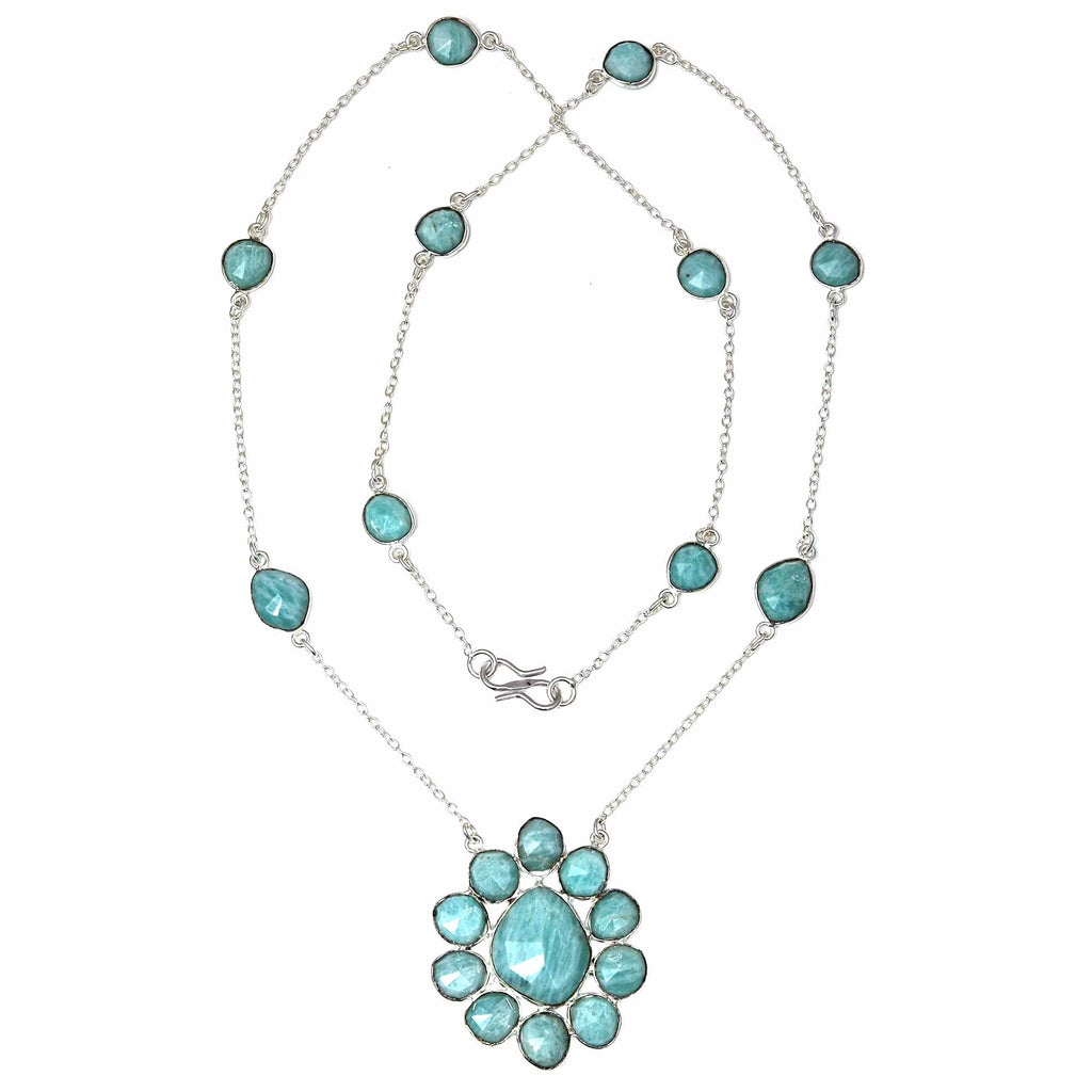 Antique 925 Silver Amazonite Gemstone Necklace 26'' Z5669