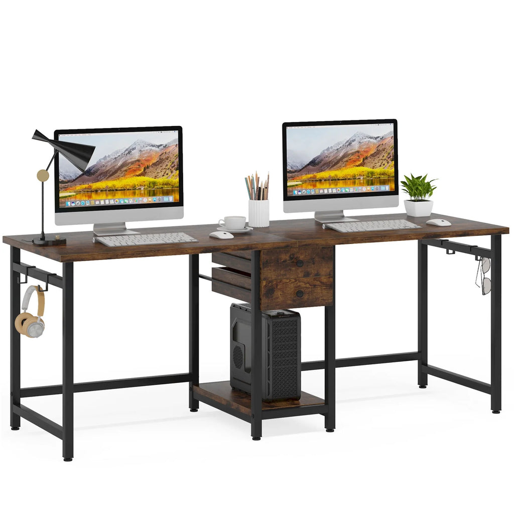 78 Inch Double Working Desk with 2 Drawers and Shelf J428109
