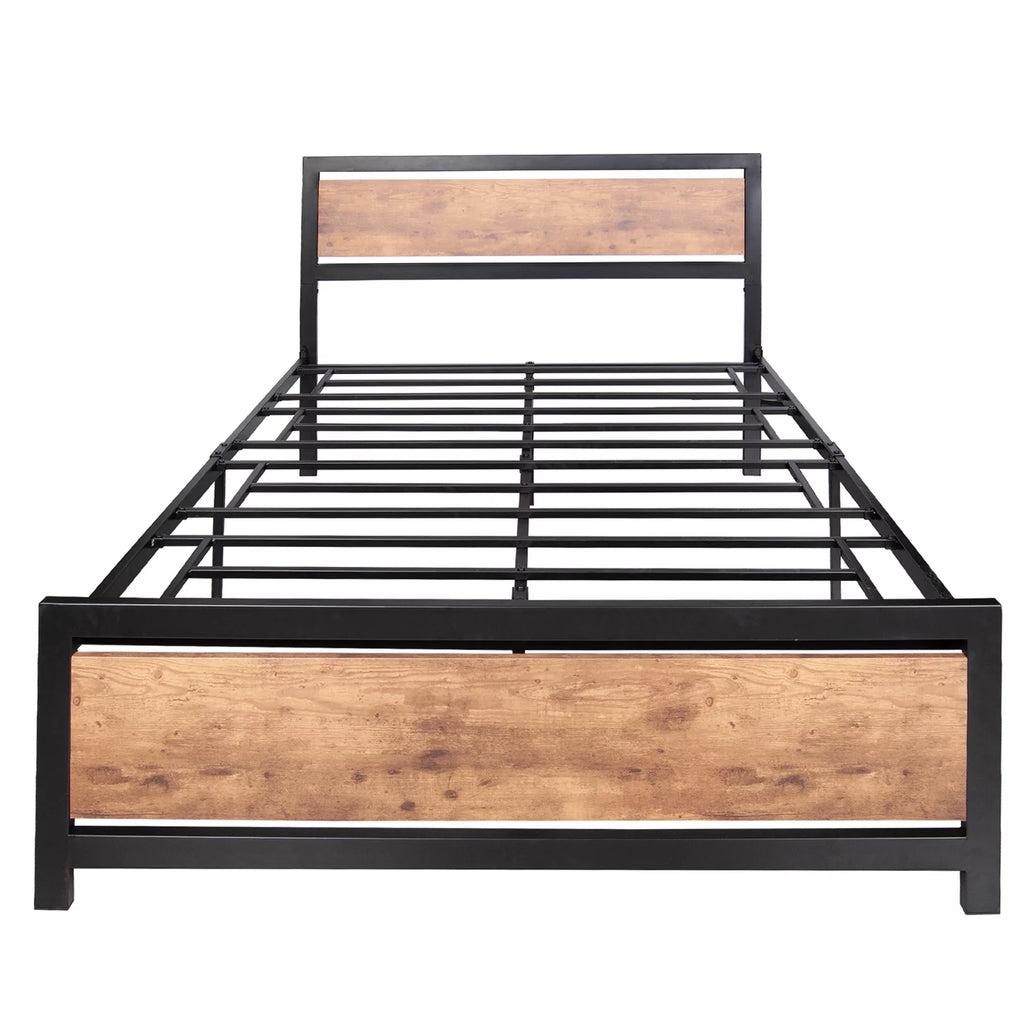Black Metal Full Bed Frame with Wooden Headboard and Footboard K663