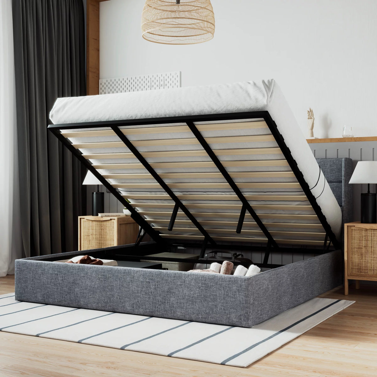 Beige Queen Size Lift Up Platform Bed Frame with Headboard V9892