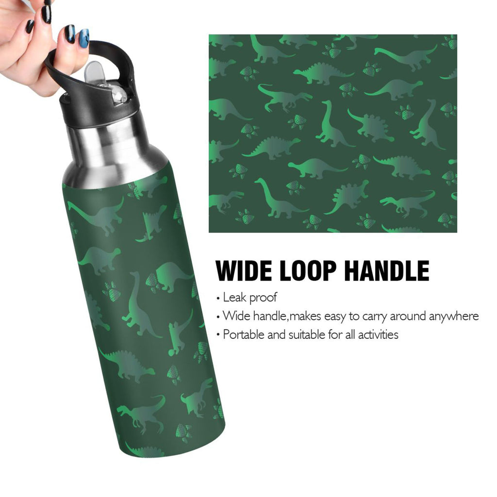 Green Dinosaur Pattern Stainless Steel Insulated Water Bottle with Straw Lid G820065