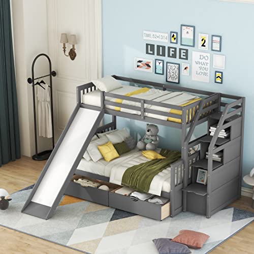 Grey Wood Twin Over Full Bunk Bed with Slides and Drawers H8823