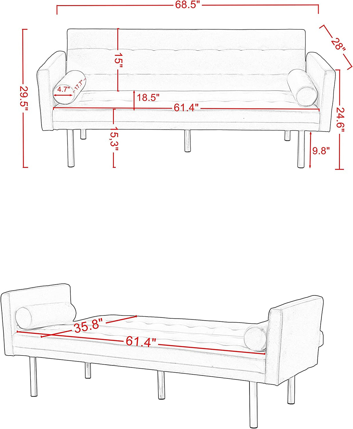 Square Arm Velvet Futon Sofa Bed, Convertible Sleeper Sofa with 2 Pillows, Twin Sleeper Size J73298