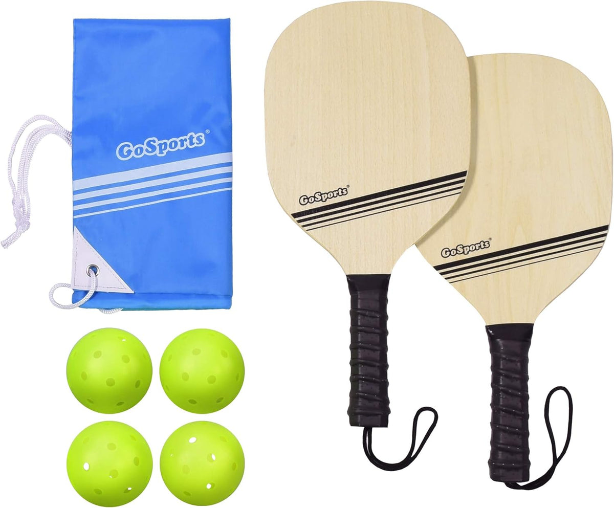 Wood Pickleball Starter Set with 2 Wooden Paddles, 4 Pickleballs & Backpack Tote X5054