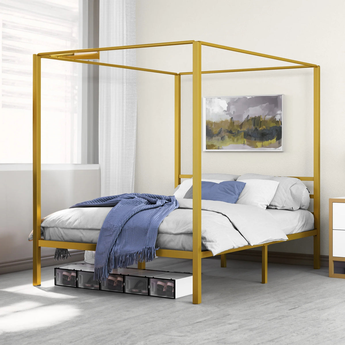 Queen Size Gold Metal Canopy Bed Frame with Headboard J4110