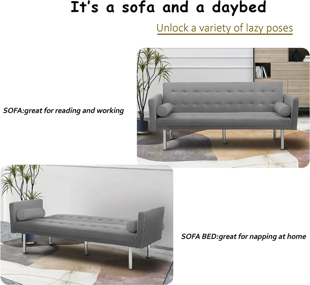 Square Arm Velvet Futon Sofa Bed, Convertible Sleeper Sofa with 2 Pillows, Twin Sleeper Size J73298