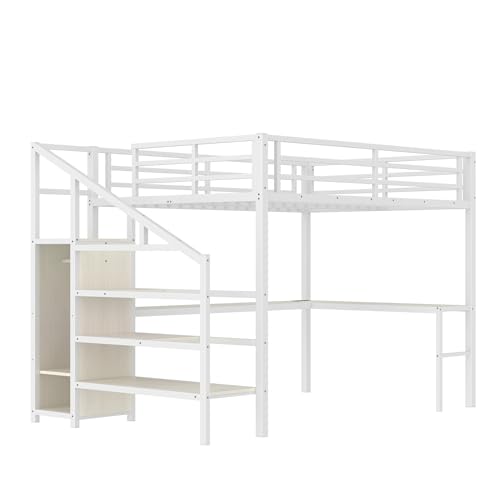 Queen Size White Wood Grain Metal Loft Bed with Desk and Wardrobe L40256