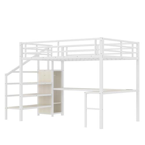 Queen Size White Wood Grain Metal Loft Bed with Desk and Wardrobe L40256