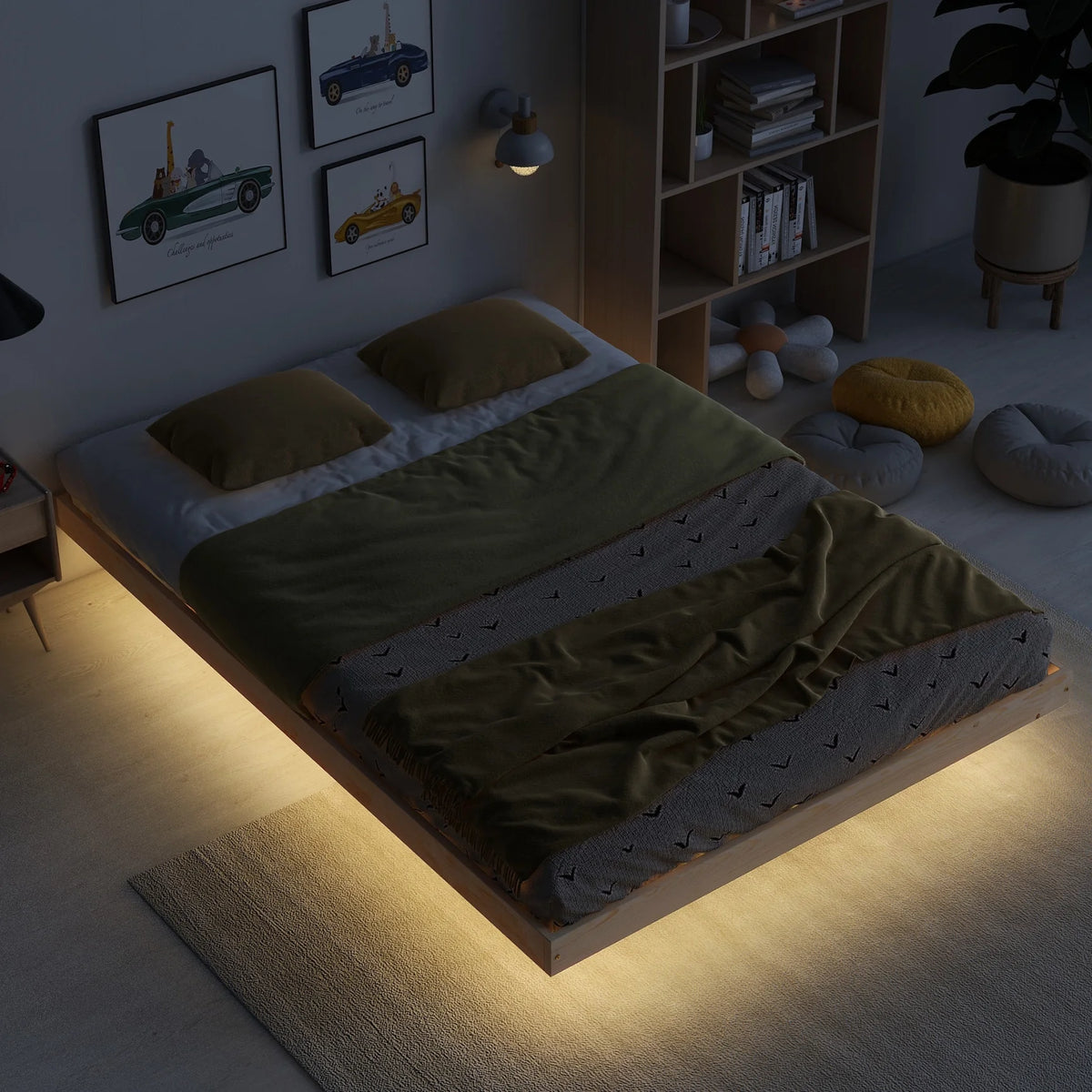 Full Size Grey Pinewood Floating Platform Bed with LED Lights T958573