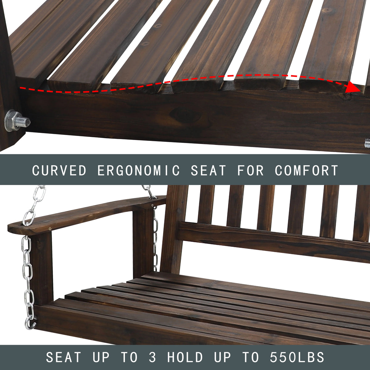 Wooden Porch Swing 4ft with Chains 2-person Swing Bench R643