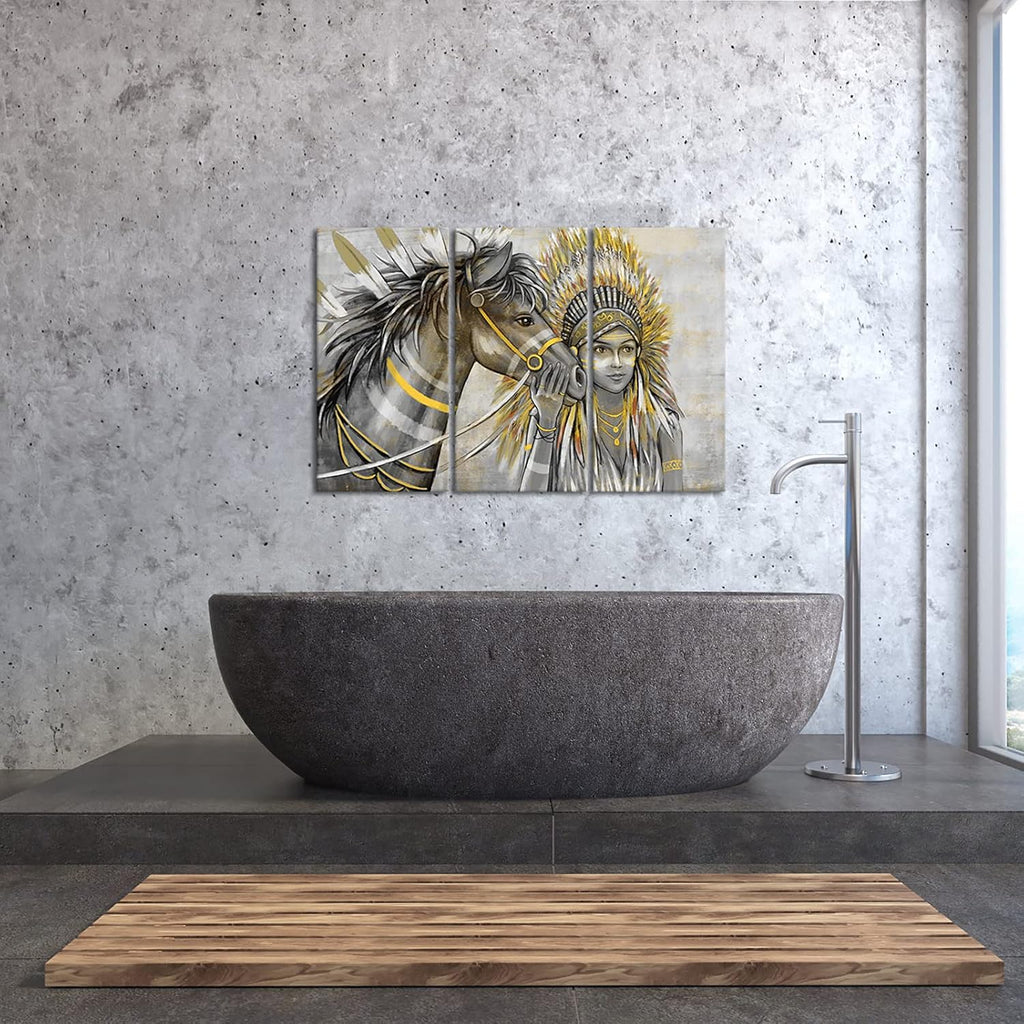 Set of 3 Canvas Painting Native American Women with Horse Feathers Headdress Poster Artwork Framed I8798