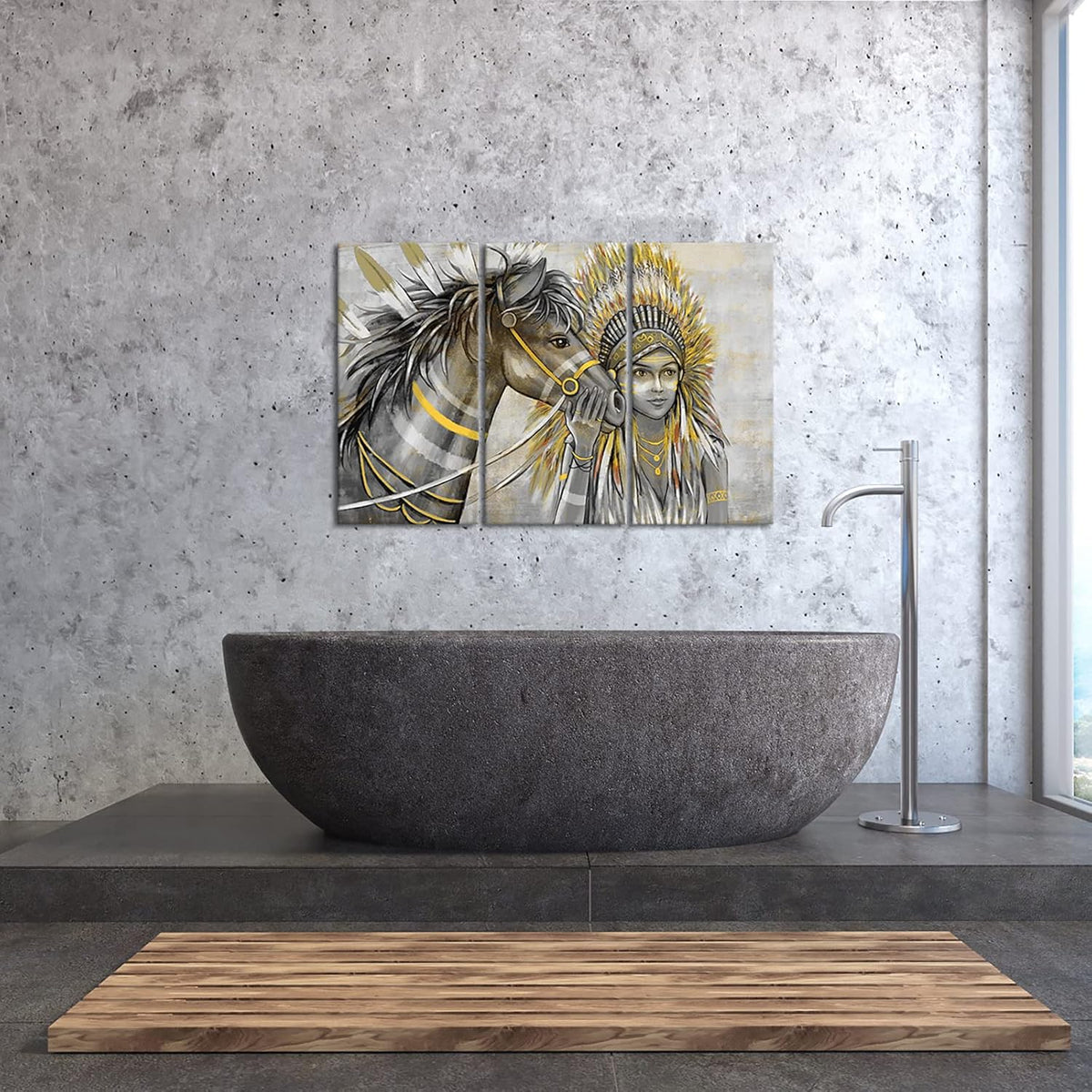 Set of 3 Canvas Painting Native American Women with Horse Feathers Headdress Poster Artwork Framed I8798