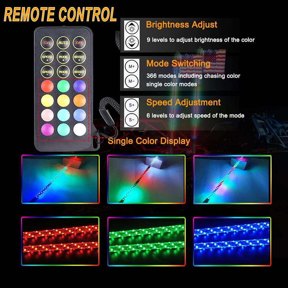 2PCS 3FT RGB LED Whips Light for Off-Road Vehicle ATV UTV Jeep Trucks B741007