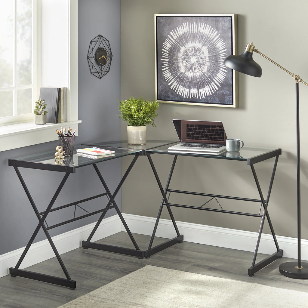 L Shape Computer Desk with Metal Frame & Clear Glass Top L52455