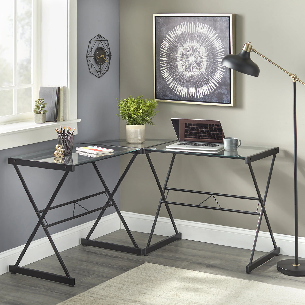 L Shape Computer Desk with Metal Frame & Clear Glass Top L52455