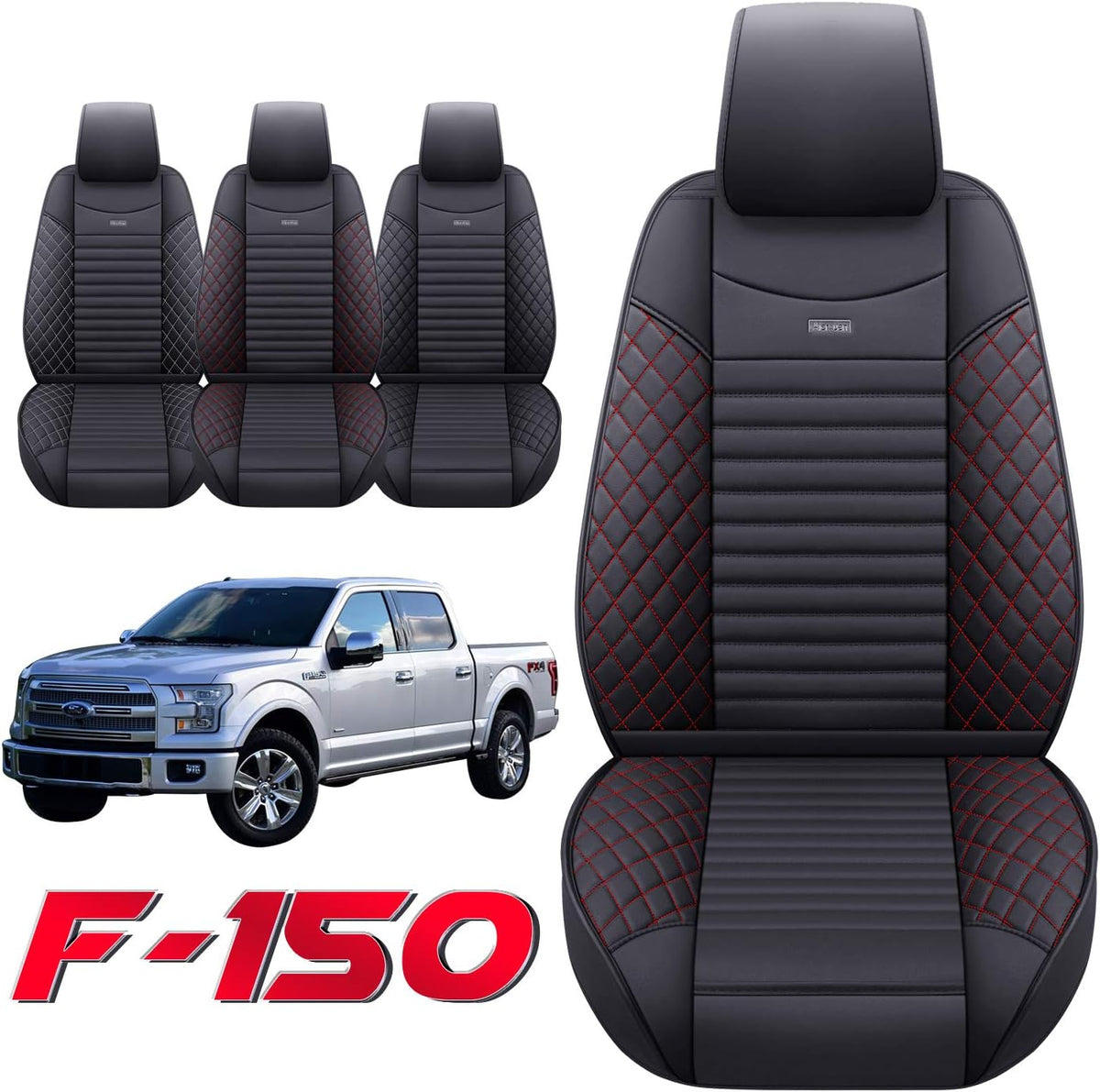Waterproof Leather Truck Seat Covers Full Set Black-Red P492818