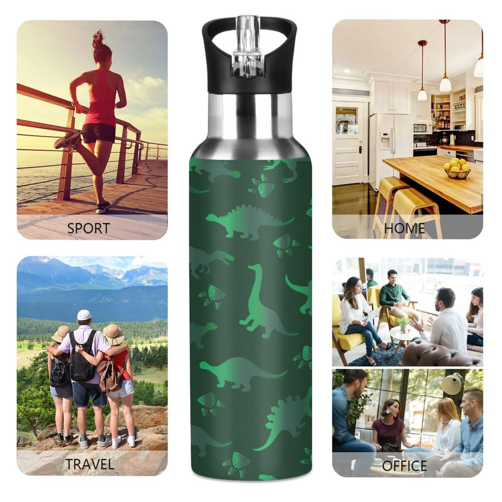 Green Dinosaur Pattern Stainless Steel Insulated Water Bottle with Straw Lid G820065