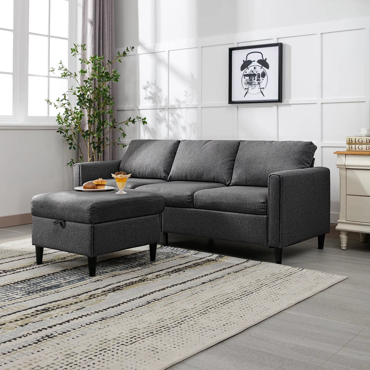 Dark Grey L-Shape Sectional Sofa with Storage Ottoman M82254